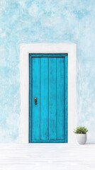 Vibrant Blue Greek Door Against White Wall