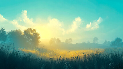 Serene sunrise over misty meadow with silhouetted trees and grassy field