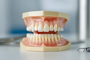 Obraz premium A close-up of a dental hygienist cleaning a patient teeth using a scaler, with tools and instruments neatly arranged nearby