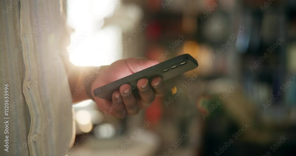 Poster hand, phone and texting in home with connection for mobile app, chat and scroll for post on web. per