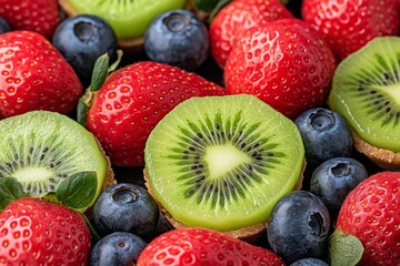 Obraz premium A close-up of a fruit tart with a crispy golden crust, topped with vibrant strawberries, blueberries, and kiwi, glazed to perfection