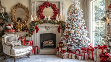 Fototapeta premium Elegant christmas living room with tree and gifts