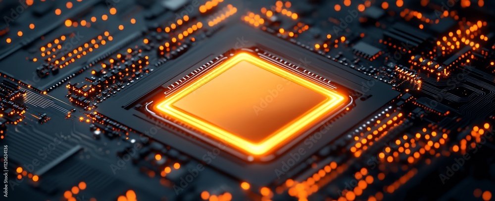 Leinwandbilder Illuminated Circuit Board with Orange Microprocessor Emphasizing CuttingEdge Tech Innovation : Generative AI