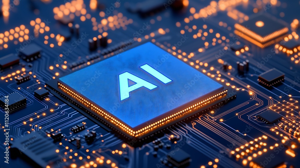 Poster innovative ai processor surrounded by circuitry with vibrant neon blue and orange lighting : generat