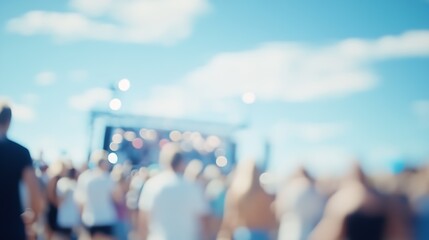 Obraz premium Energetic outdoor music festival with blurred crowd under bright sunny sky and lively performance : Generative AI