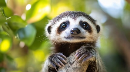 Fototapeta premium Charming Raccoon Resting on Tree Branch in Lush Forest Setting : Generative AI