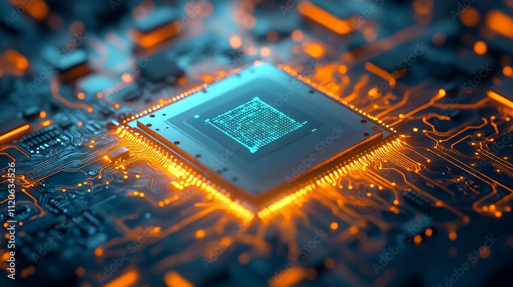 Aufkleber Futuristic glowing microchip on a circuit board signaling the era of advanced technology : Generative AI