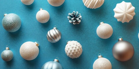Fototapeta premium A vibrant blue table adorned with a variety of colorful Christmas ornaments, showcasing festive decorations that capture the holiday spirit.