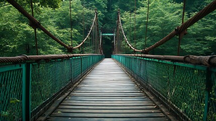 Stunning suspension bridge inside verdant forest with overgrown plant life : Generative AI