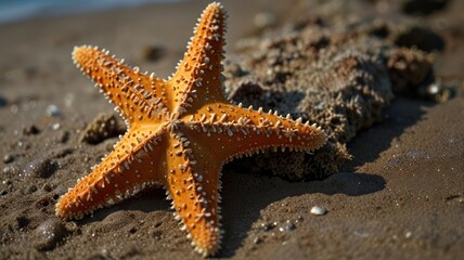Orange starfish on sandy beach near rocks.