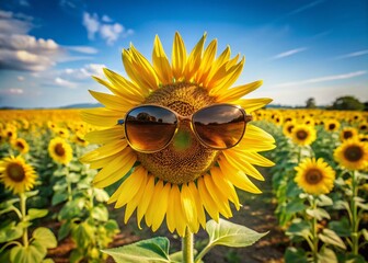 A cheerful sunflower wearing sunglasses stands tall in a vibrant field, capturing summer vibes with its playful essence, colorful beauty, and whimsical outdoor charm in stunning photography.