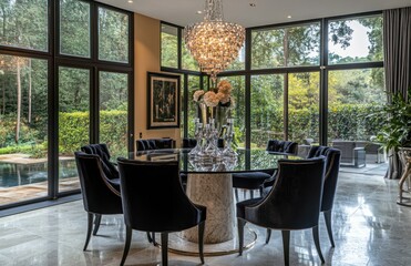 Fototapeta premium Luxurious dining room with large windows, marble table, and velvet chairs overlooking a pool and garden.