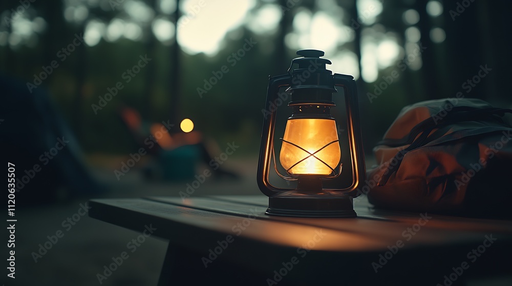 Poster cozy camping lantern illuminating rustic forest campsite at dusk scene of tranquility and nature : g