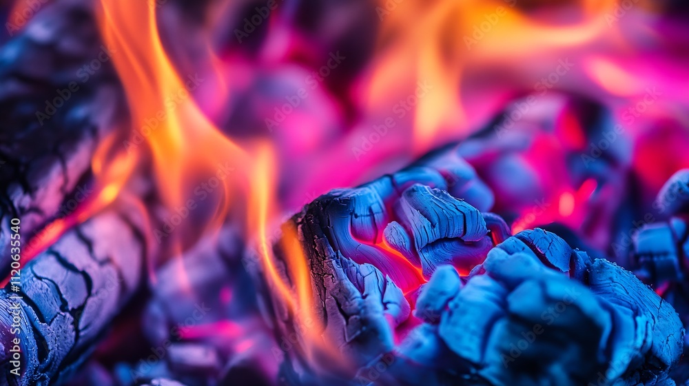 Poster mesmerizing closeup of vibrant glowing embers and flames in intense fiery colors : generative ai