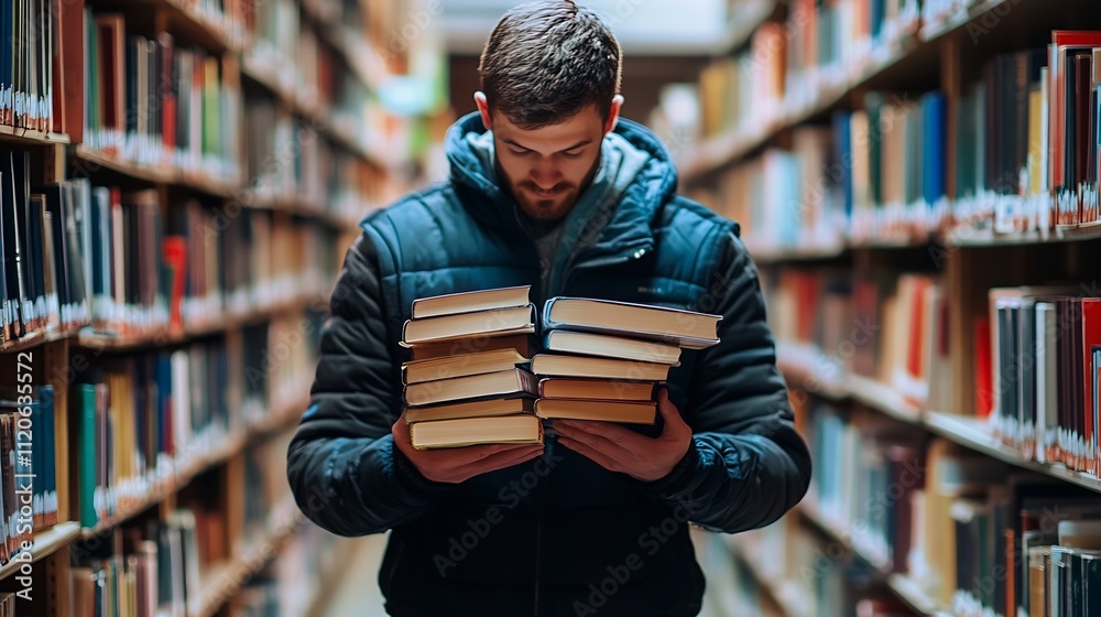 Poster Focused Student Studying in Library Surrounded by Rows of Books Choosing Literature : Generative AI