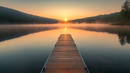Obraz premium Tranquil Lakeside Wooden Pier at Sunrise With Misty Mountains in the Background : Generative AI