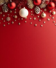 Festive Christmas decorations featuring stars and pine cones set against a vibrant red background, evoking a joyful holiday spirit.