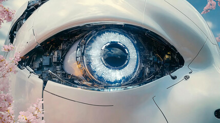 Futuristic robotic eye with intricate details and floral elements