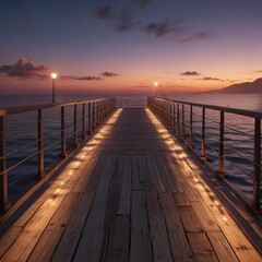 Fototapeta premium Dawn illumination on a long pier above the sea, beach, seafront, jetty