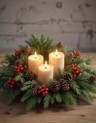 Decorative pine and cedar centerpiece with candles and holly leaves, cedar, winter wonderland, holiday centerpieces