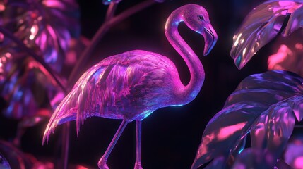 3D holographic flamingo standing on one leg, elegant neon pink glow, black background" 