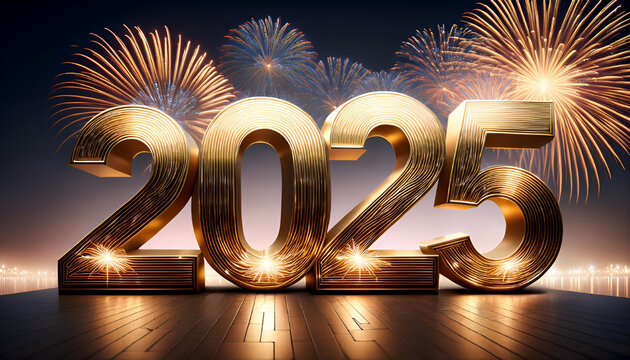 Shiny gold 2025 figures with luminous glow, vibrant fireworks - Powered by Adobe