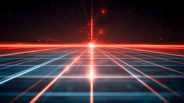 Futuristic red laser grid with converging light beams