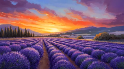 Vibrant sunset over lavender fields with mountain landscape and dramatic sky