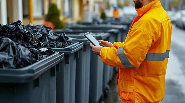 A worker in a bright yellow jacket checks a smartphone while standing next to trash bins filled with black garbage bags - Powered by Adobe