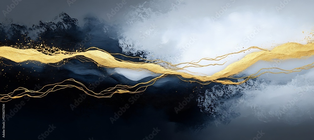 Poster contemporary abstract art featuring gold and white contrasts with flowing wave motifs : generative a
