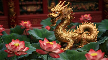 Fototapeta premium Golden Dragon Statue Amidst Pink Lotuses Asian Culture Garden Decor