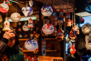 Christmas market with decorations and lights, Christmas balls. Abstract background