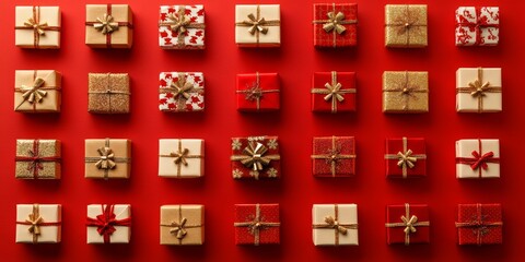 A vibrant red backdrop adorned with numerous beautifully wrapped gifts, evoking the festive spirit of Christmas and the joy of giving.