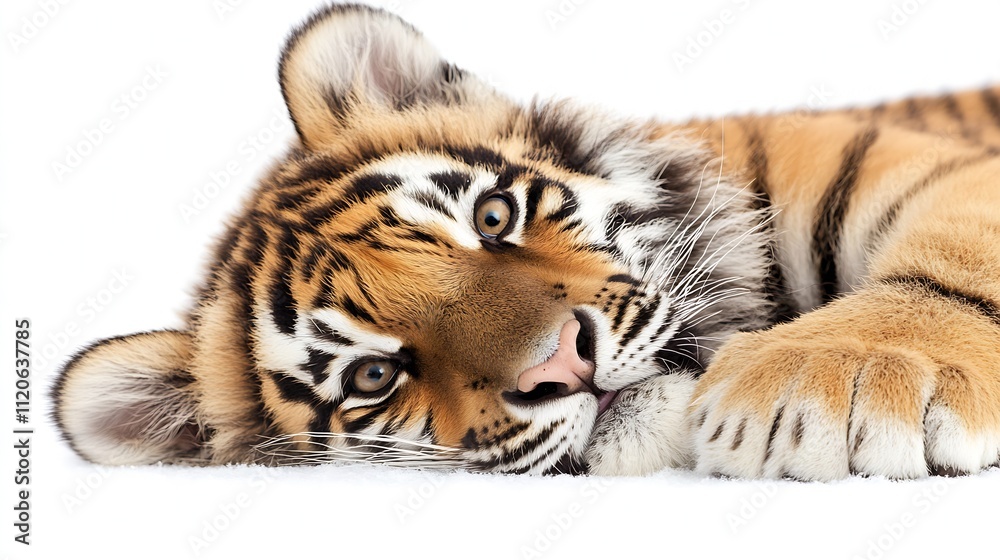 Poster Resting tiger with serene expression captured in detail on white background : Generative AI