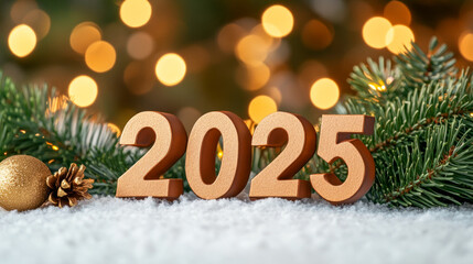Festive golden 2025 with glittering lights and pine branches on snow