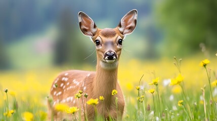 Fawn Surrounded by Blooming Yellow Flowers in Picturesque Countryside : Generative AI