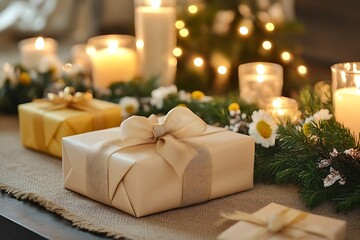Elegant Holiday Gift Boxes with Candles and Evergreen Decor on Rustic Wooden Table : Generative AI