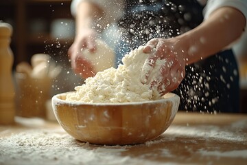 A couple is baking together, focusing on hands mixing flour in a wooden bowl with flour dusting the surface
