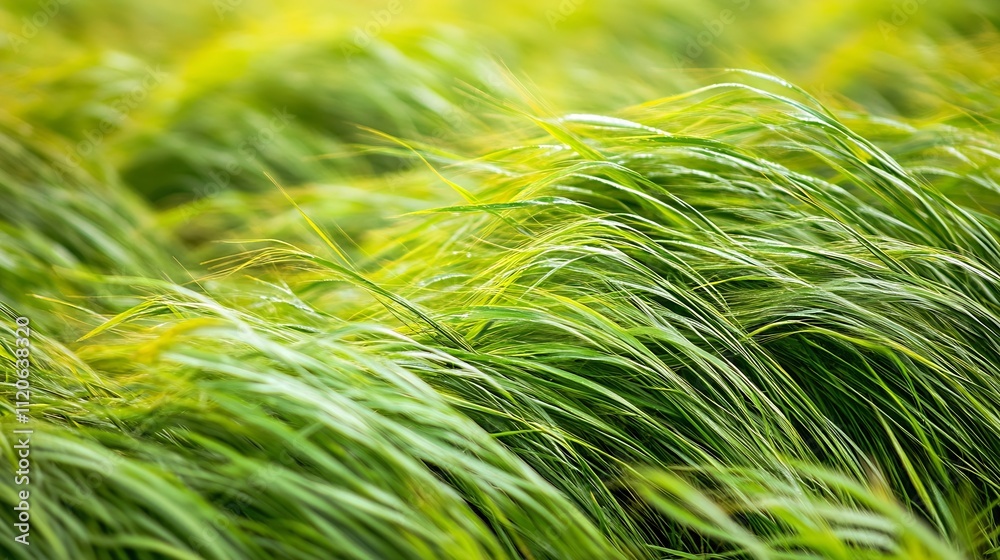 Poster vibrant green grass blowing in the wind capturing the essence of a breezy day : generative ai