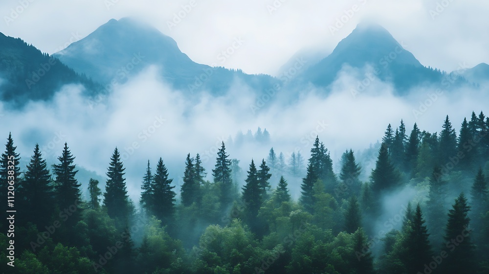 Poster Misty mountain landscape with dense pine forest creating a mysterious and serene nature scene : Generative AI