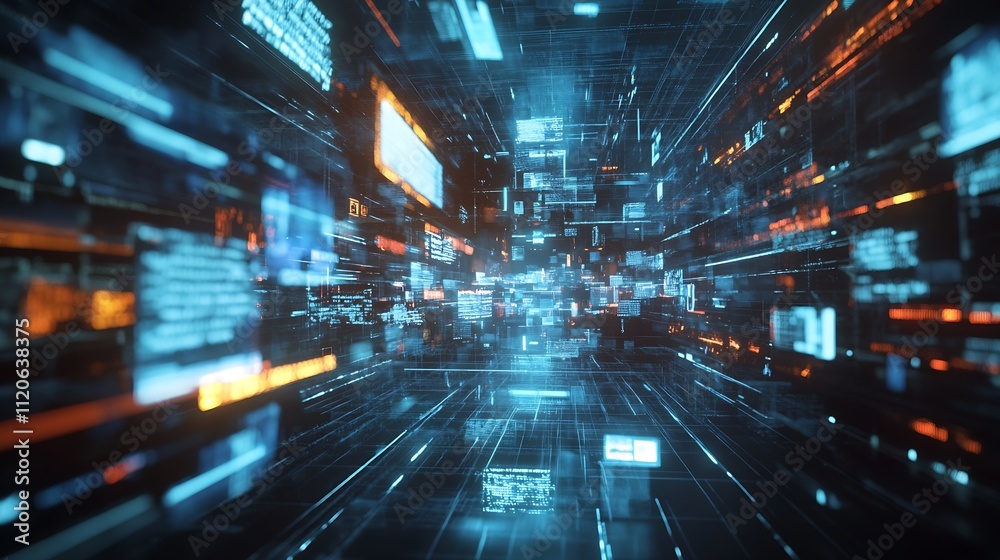 Poster Futuristic Data Flow Visualization in a 3D Graphic Network Tunnel : Generative AI