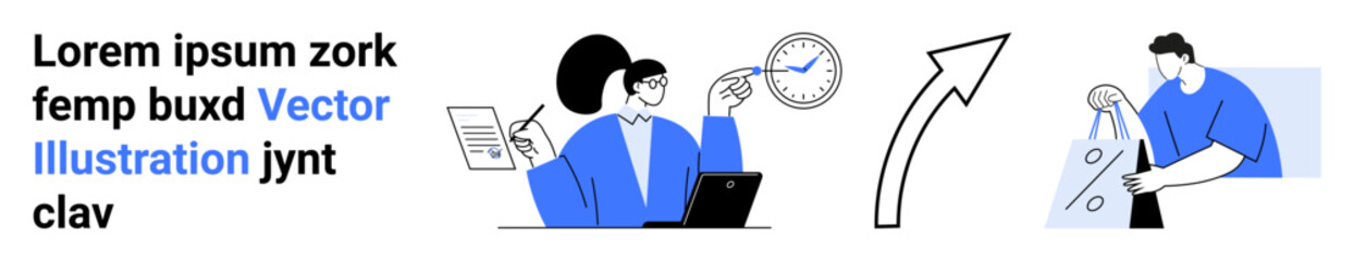 Business team analyzing time management strategies using clock and laptop, tall pointing arrow, and a worker managing gears. Ideal for productivity, teamwork, planning, goals, operations, efficiency