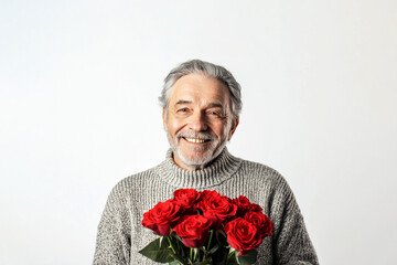 Close up portrait of smiling senior man with beautiful bouquet of red roses on light background. Template for birthday, valentine's day, grandma's day