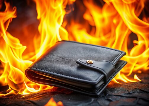 A dramatic tilt-shift close-up captures a black leather wallet engulfed in flames, symbolizing the peril of excessive spending and financial recklessness in vivid detail.