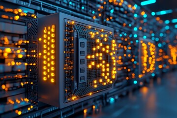 A hyper-realistic close-up of a server in a high-security database room, capturing the intricate design and glowing indicator lights