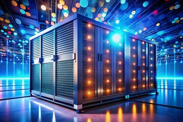 Advanced energy storage units enhance data center reliability, utilizing cutting-edge technology to ensure uninterrupted power supplies with stunning bokeh visuals for a futuristic appeal.