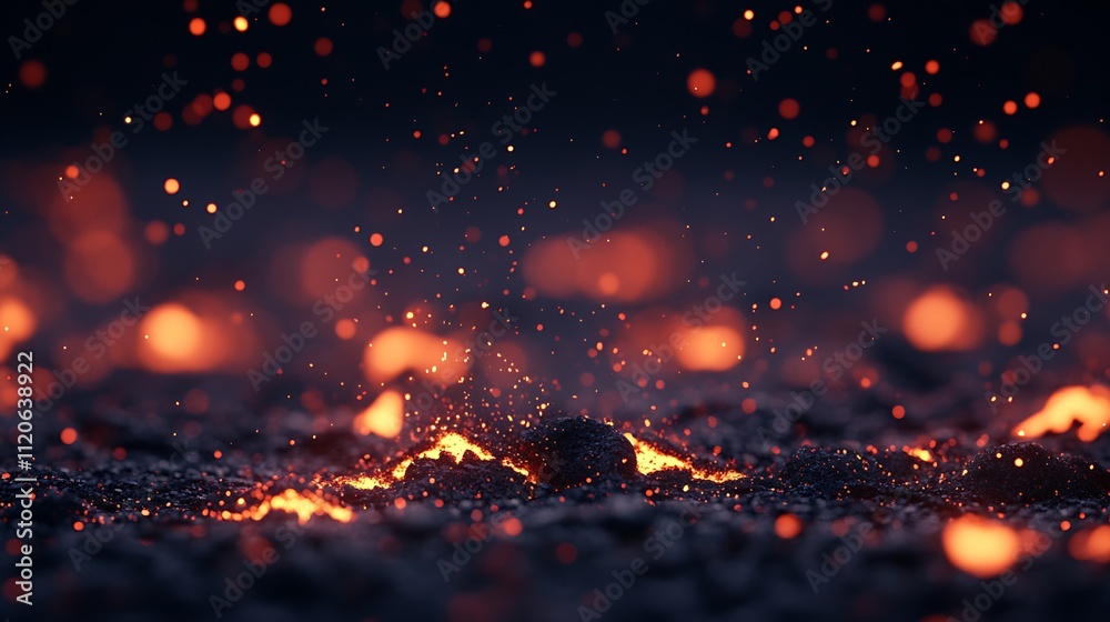 Poster vibrant sparkling embers and fiery glows erupt from dark ashes : generative ai