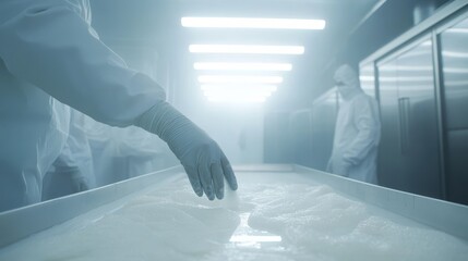 A person in protective gear cleans a surface in an industrial setting, surrounded by mist and bright overhead lights