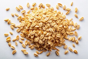 Obraz premium Aerial perspective of oat flakes against a white background, great for healthy recipes. Nutritious breakfast option, featuring whole grains, organic oats, and meal prep essentials.