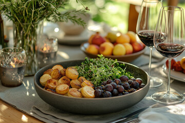 A minimalistic Christmas table setup featuring roasted potatoes, salad greens, grapes, and glasses of red wine